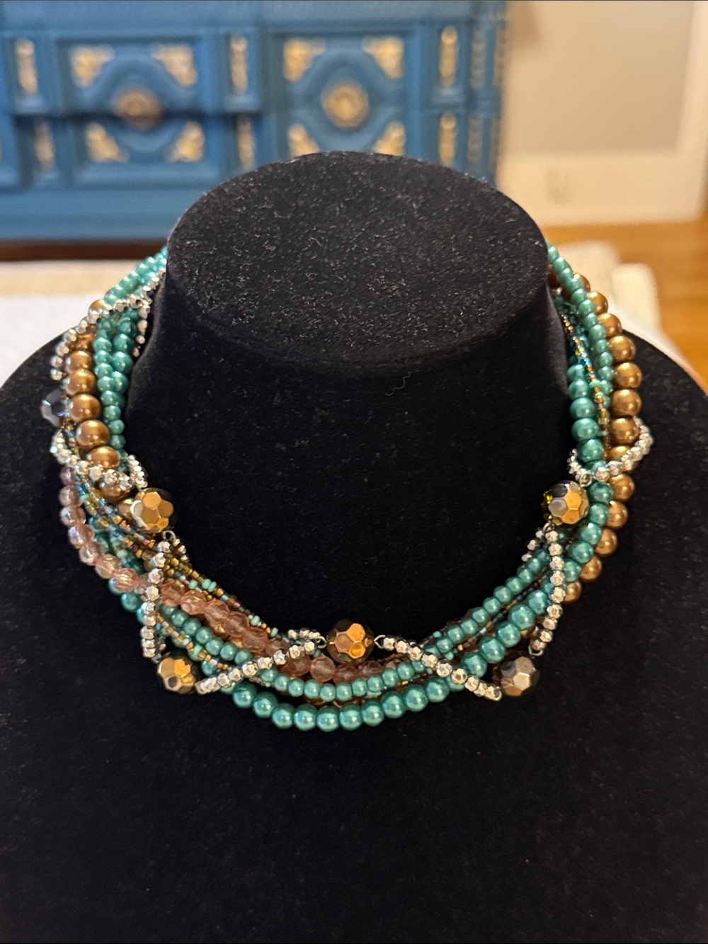 Vintage Southwestern Turquoise Blue Brown Beaded Braided Choker Collar Necklace